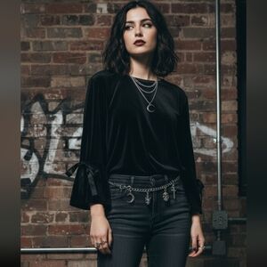 Philosophy Black Velvet Bell Sleeve Buttery Soft  Peasant Top Size Medium‎